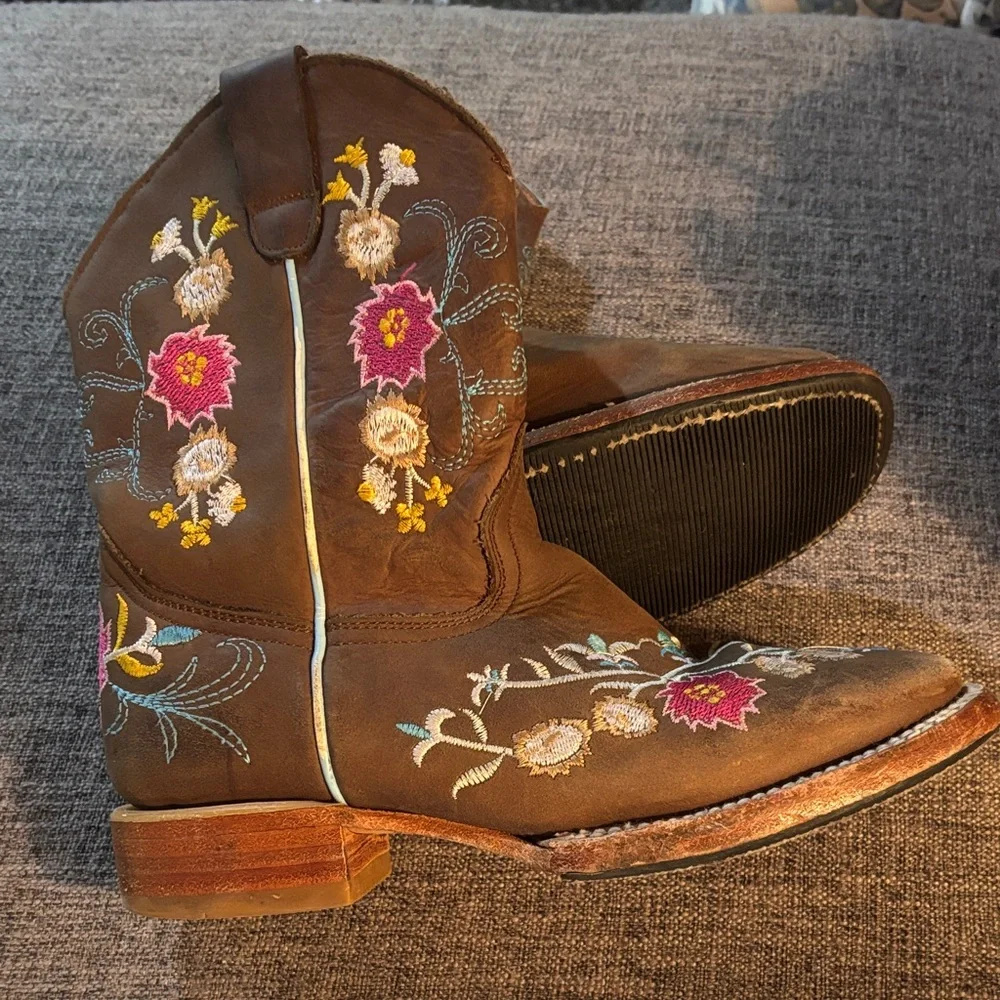 Red Kids Brown Embroidered Western Boots